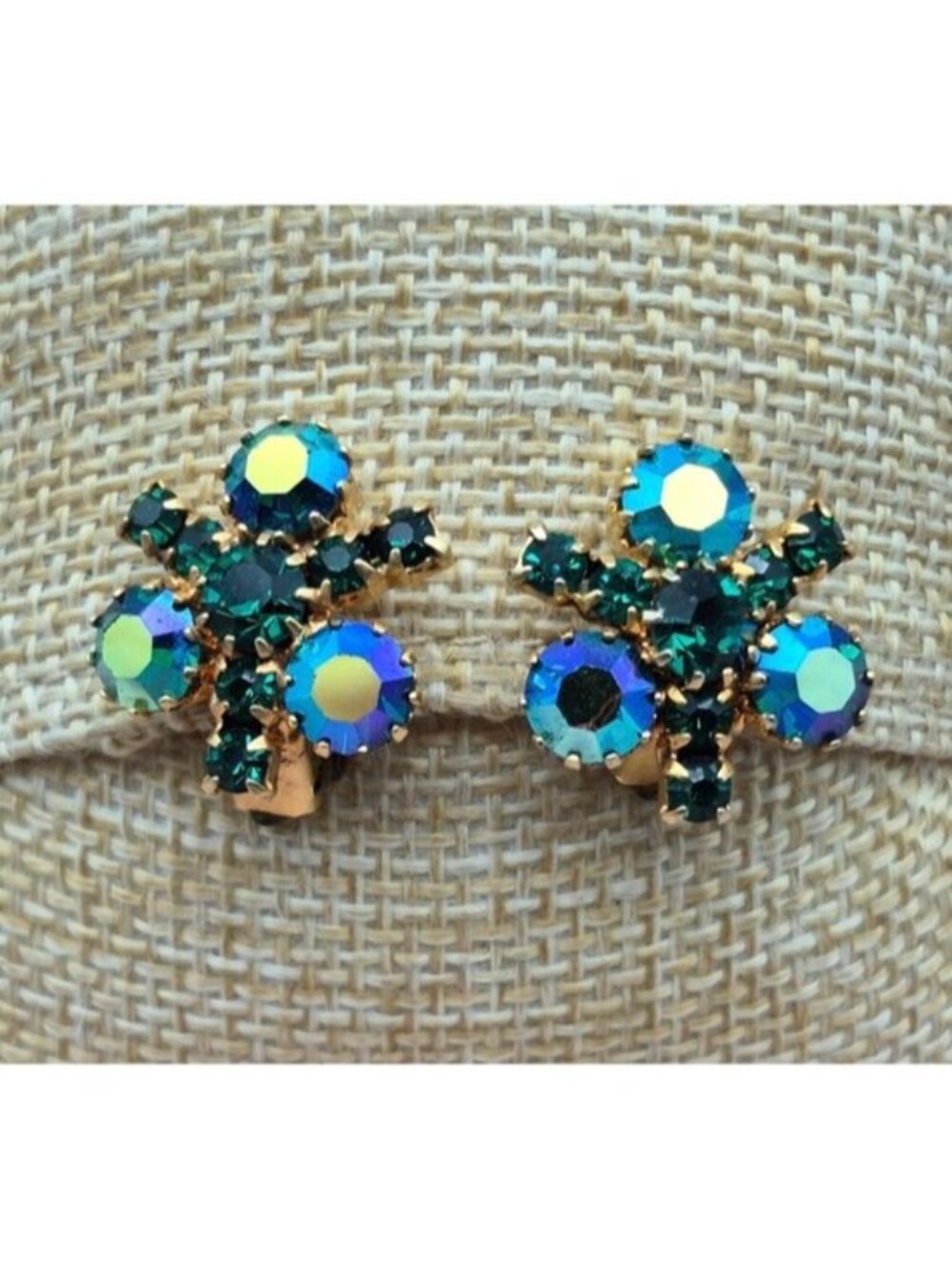 Vintage 50's 60's Signed Austria Green & Blue AB Rhinestone Dainty Clip Earrings